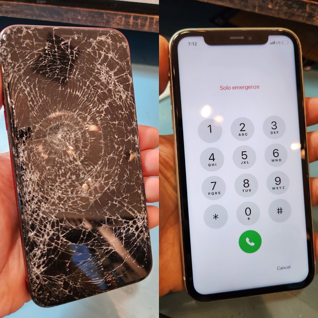 iProtech iPhone screen repair: cracked display before repair on the left and working display after repair on the right
